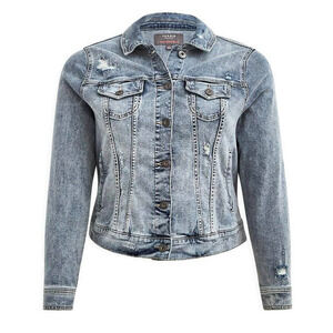 Torrid 1 (1X 14/16) Light Blue Wash Destructed Stretch Denim Punk Trucker Jacket